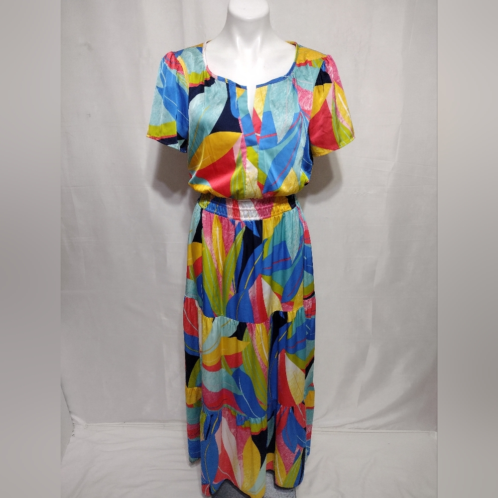 Tahari ASL Large Blue Magenta Satin Maxi Dress Smocked Waist Flowy Boho Chic